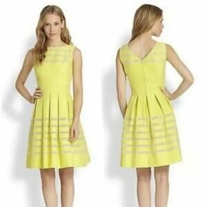 Lafayette 148 NY Citrus Yellow Fit Flare Sleeveless Sheer Stripe Insets Size 6